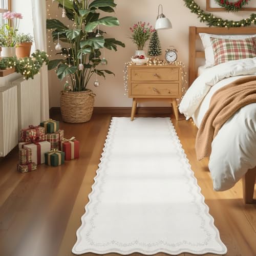 GarveeHome 2x6 Scalloped Washable Runner Rug for Kitchen, Soft Beige Hallway Runner Non Slip Entryway Rug Farmhouse Thin Laundry Mat Stain Resistant Carpet for Bedroom Bathroom Beside Rug - color: Beige, size: 2' x 6' (Rectangular)