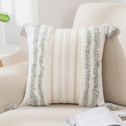 decorUhome Summer Decorative Boho Throw Pillow Cover 20x20, Accent Neutral Textured Tufted Pillow Cover Striped for Couch Bed Sofa, Light Grey and Cream White, Pack of 1 - color: Light Grey and Cream White, size: 20" x 20" (Pack of 1)