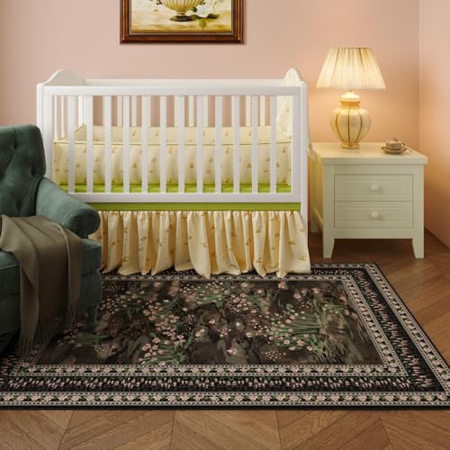 Rugcomf 3x5 Washable Rug Impressionist-Style Vintage Non Slip Low Pile Small Carpet for Bedroom Bedside Kitchen Entryway Kids Room Office College Dorm Essentials for Girls, Black - color: Black, size: 3' x 5' (Rectangular)