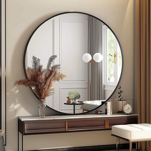 Sunniry Round Mirror 30 inch, Large Round Mirror, Black Bathroom Mirrors with Matte Aluminum Frame, Circle Mirrors for Wall, Bathroom, Living Room, Hallway. - color: Black, size: 30"L x 30"W