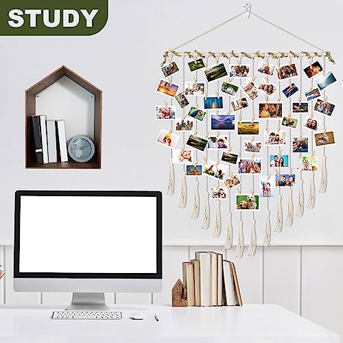 Hanging Photo Display boho bedroom decor teenage girl room decor Birthday Gifts for Grandma gift for mom Grandma’s Gifts - from Daughter, Granddaughter and Grandson - Mom Grandmothers Photo Holder，with 30 Wood Clips, 35" L x 30'' W