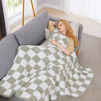 WRENSONGE Checkered Throw Blanket, Sage Green Soft Cozy Fluffy Warm Hand Made Queen Throw Blankets for Couch, Sofa, Chair, Bed, Camping, Picnic, Travel Lightweight Bed Blanket - 90"*90" - color: Aloe Sage, size: Queen(90"x90")
