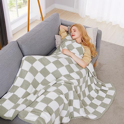 WRENSONGE Checkered Throw Blanket, Sage Green Soft Cozy Fluffy Warm Hand Made Queen Throw Blankets for Couch, Sofa, Chair, Bed, Camping, Picnic, Travel Lightweight Bed Blanket - 90"*90" - color: Aloe Sage, size: Queen(90"x90")