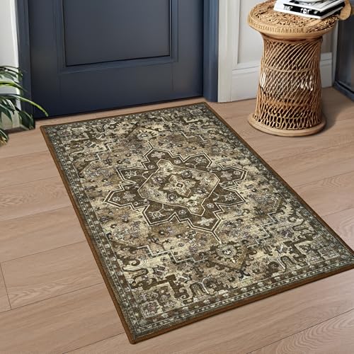 Foxmas Small Rugs for Entryway，2x3 Machine Washable Doormat Indoor Entrance Vintage Rug, Non-Slip Low Pile Throw Rugs for Entryway Bedroom Kitchen Living Room, Brown - color: Brown, size: 2' X 3' (Rectangular)