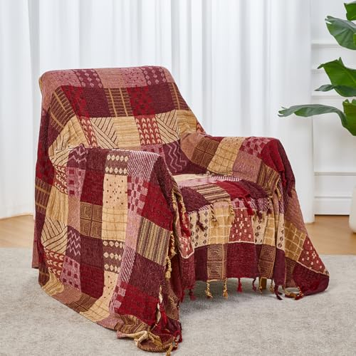 amorus Boho Sofa Cover, Chenille Jacquard Tassels Throw Blankets for Couch Bed, Decorative Sofa Slipcover Protector-Red Plaid (86 x 102 in) - color: Red Plaid, size: 86 x 102 in