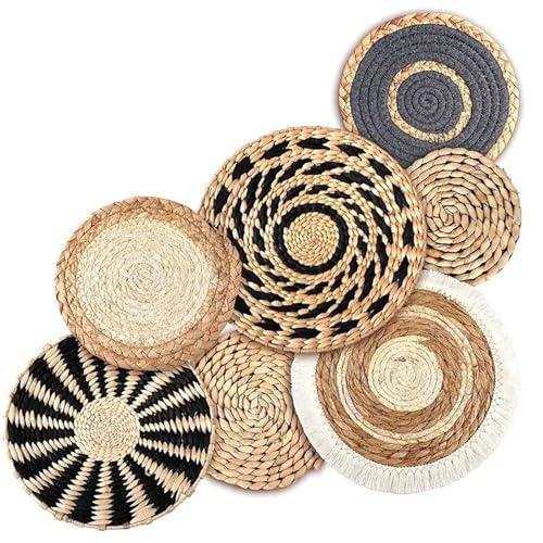 Jeorywoet Round Woven Wall Basket Decor 7Pcs, Natural Rustic Rattan Flower Boho Wall Art for Bedroom, Living Room, Bathroom