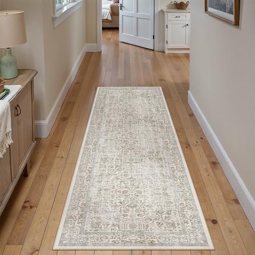 PureCozy Taupe Runner Rug 2x5 Hallway Machine Washable Kitchen Vintage Distressed Non Slip Long Carpet Indoor Retro Floral Bedroom Accent Throw Rug for Bathroom Office Laundry Dining Living Room - color: Accent | Taupe Multi, size: 2' x 5' (Runner)