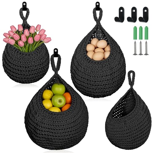3 Pack Boho Decor Hanging Fruit Baskets for Kitchen, Hand-woven Cotton Wall Storage Hanging Baskets with Hooks 3 Sizes, Hanging Holder Teardrop Produce Basket for Fruit Vegetable Potato Onion, Black - color: Black, size: 3 Pack