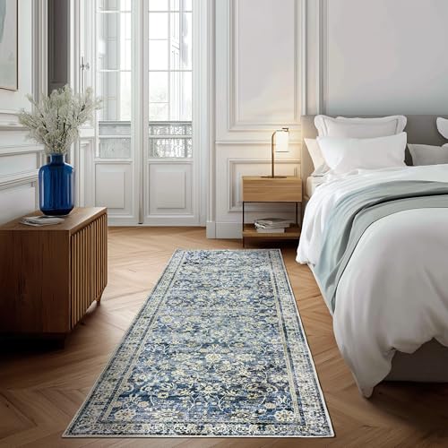 Blue 2x6 Runner Rug for Hallway Low Pile Kitchen Rugs Non Slip Washable Vintage Floral Distressed Design Carpet for Entryway Bedroom Boho Retro Dark Blue Rug for Bathroom Indoor 2 x 6 - color: Blue, size: 2' x 6' (Rectangular)
