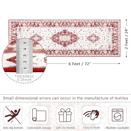 Amearea Vintage Design Runner Rugs for Living Room, 2x6 Machine Washable Floral Collection Traditional Bedroom Rug, Low Pile Cute Kids Room Print Carpet, No Slip Office Kitchen Home Decor, Red - color: Red, size: 2' X 6' (Runner)