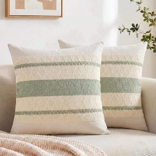 Fancy Homi Set of 2 Sage Green Boho Small Decorative Throw Pillow Covers 14x14 Inch for Living Room Bedroom Couch Bed Sofa, Rustic Retro Cushion Case, Bohemian Room Home Decor, Women Teen Girls Gift - color: Sage Green, size: 14" x 14" (Pack of 2)
