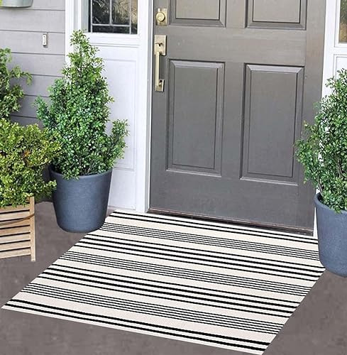 Black and White Striped Doormat 24'' x 35'' Front Porch Rug Machine Washable Indoor Outdoor Doormat for Front Porch Hand-Woven Entryway Rug for Laundry/Bathroom/Bedroom - color: White Striped, size: 2' x 3' (Rectangular)