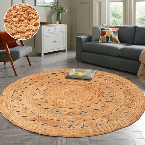 Hand Woven Jute Area Rug - 7' Round - Rustic Beige Reversible Farmhouse Rugs for Bedroom, Kitchen, Living Room - Vintage Natural Braided Entry Floor Décor Circle Boho Round Rugs 7ft - color: Natural, size: 7' (Round)