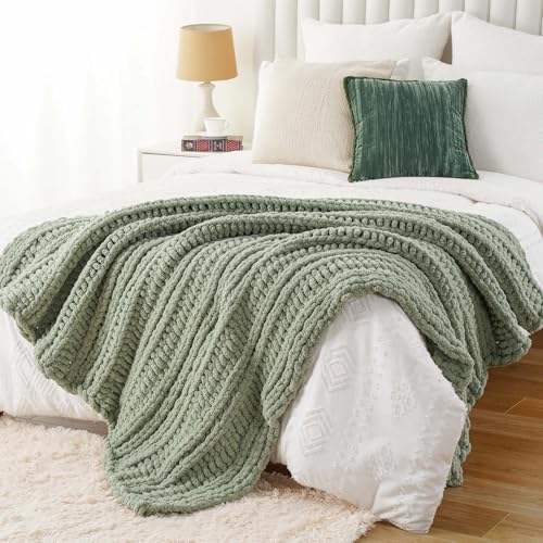 Battilo Chunky Knit Throw Blanket for Couch, Hand Made Chenille Throw Blanket, Super Soft Warm Cozy Sage Green Blanket for Bed, Sofa, Living Room, 50"x60" - color: Sage Green