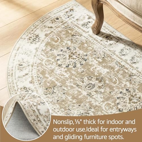 jinchan Fiora Washable Small Area Rug, 2x3 Half Circle Floral Entryway Rug, Low Pile Half Moon Doormat Soft Non Slip Dirt Trapping Carpet for High Traffic Kitchen Bathroom Vanity, Distressed Taupe - color: Distressed Taupe, size: 1'9" x 3' (Semicircular)