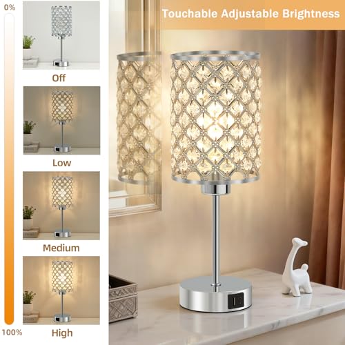 GyroVu Crystal Touch Table Lamp for Bedroom, Silver Desk Lamp with USB-C & USB-A Ports, Dimmable Modern Bedside Lamp for Nightstand, Living Room & Home Office - LED Bulb Included - color: Silver-1, size: 14.75"