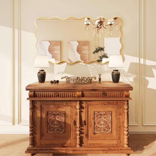 Kelly Miller 28x50 Inch Gold Scalloped Mirror, Large Rectangular Wavy Edge Bathroom Vanity Wall Mirror Decorative for Bedroom Living Room Entryway Fireplace Mantle - size: 50"L x 28"W