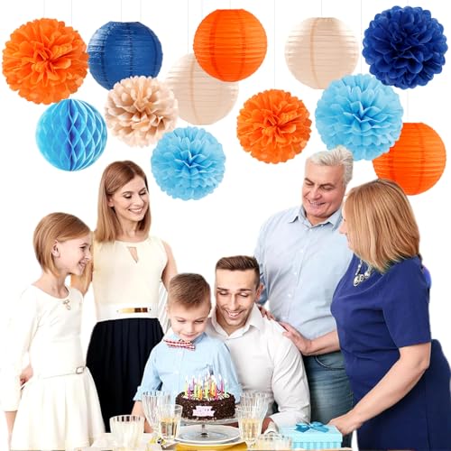 Navy-Blue Orange Champagne Party-Decorations Paper-Flowers - 15pcs Fall Birthday Baby Bridal Shower Tissue Pom Poms Lanterns Streamers Honeycomb, Wedding Bachelorette Hanging Supplies Decor Hugfond - color: Navy Orange Pink