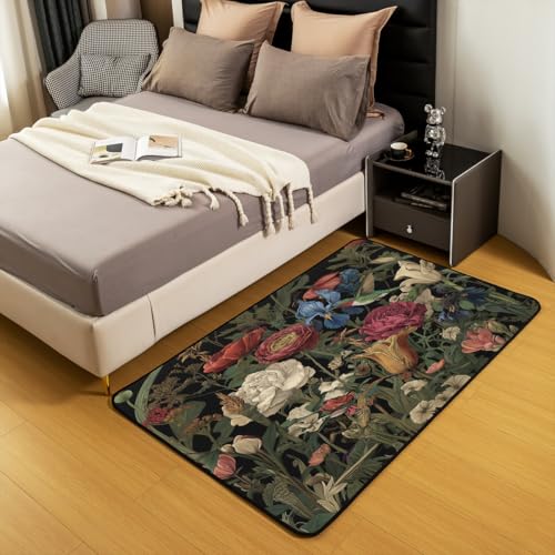 Erosebridal Vintage Floral Area Rug 4'11" x 3'3" Boho Leaves Living Room Rugs Dark Rose Red Green Decorative Carpet Nature Wild Botanical Indoor Floor Mat - color: Black Red Green, size: 3'3" x 4'11" (Rectangular)