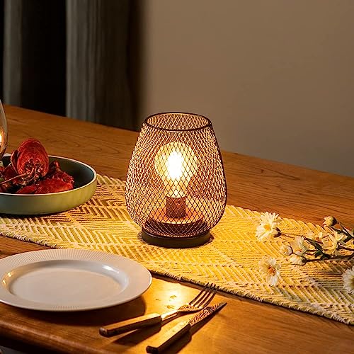 Set of 2 Battery Operated Lamp LED Table Lantern, Brown Metal Cage Cordless Lamps with LED Bulb，Vintage Decorative Outdoor Lantern for Weddings, Parties, Patio, Events for Indoors Shelf Decor - style: Bronze Egg / Timer