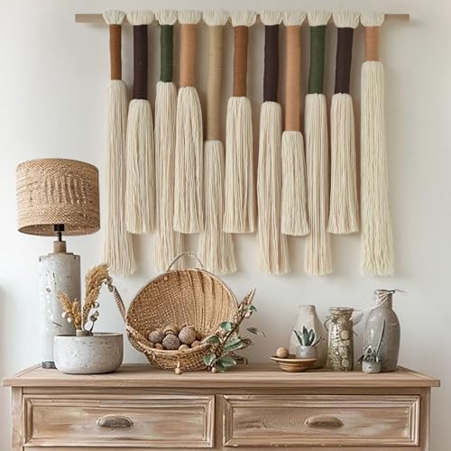 Macrame Wall Hanging Boho Home Decor Handmade Cotton Fiber Art with Neutral Ivory Tassels Modern Bohemian Wall Decor for Living Room Bedroom Apartment 27" W x 22" L - color: Ivory Colorful