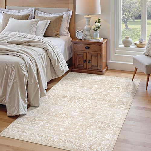 Soalmost 3x5 Area Rugs for Entryway,Washable Vintage Low Pile Non-Slip Throw Area Rugs, Accent Rug Floral Print Indoor Mat for Bedside Living Room Kitchen Bedroom Beige - color: Beige, size: 3' x 5' (Rectangular)