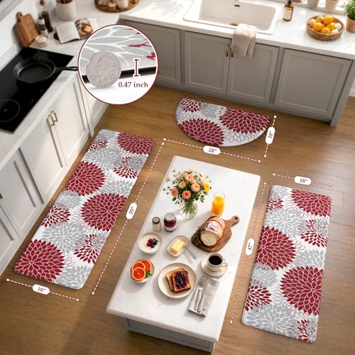 KIMODE Kitchen Mats for Floor Cushioned Anti Fatigue,Floral Farmhouse Kitchen Runner Rug Sets of 3 Non Slip,Waterproof Memory Foam Comfort Kitchen Carpet Runner Decor for Sink Laundry Bathroom,Red - color: Red, size: 18" x 28"+18" x 47"+18" x 59"-0.47 inc