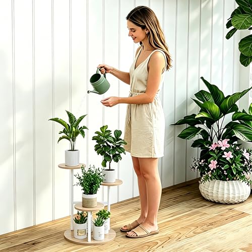 INGIORDAR Plant Stand Indoor Outdoor Corner Plant Shelf for Multiple Flower Pots Flower Stand Holder for Patio Garden Balcony Living Room (White+Sonoma Oak, 4 Tier) - color: White 4 Tier, size: 4 Tier