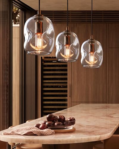 CASAMOTION Pendant Lights Kitchen Island 2 Pack Modern Contemporary Clear Glass Organic Globe Brass Gold Hanging Light Adjustable Cord Bedroom Dining Table Small Medium Lamp 8 Inch - color: Clear+Gold 8"H-2 Pack