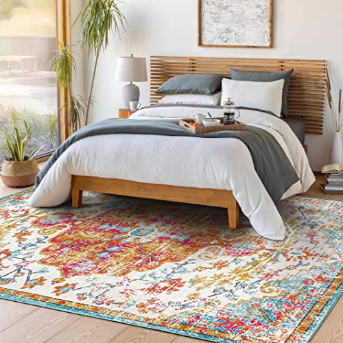 Hauteloom Kaleidoscope Area Rug - Medallion Distressed Floral Border Faded - Traditional Oriental Turkish Transitional Boho - Beige, Mustard, Medium Gray, Multicolor, Cream - 2' x 2'11" - color: Peach, Mustard, Medium Gray / Hosking, size: 1'11" x 2'11" (