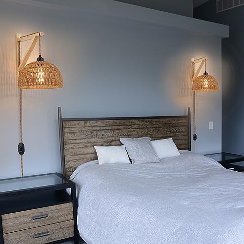 KAMTAT Boho Rattan Wall Sconce Plug in Hanging lamp Hand Woven Plug in Wall Sconces Rattan Rope Wall Light Farmhouse Wall Mounted Light Boho Wall Sconces Wall Lighting for Bedroom Living Room(1PK)