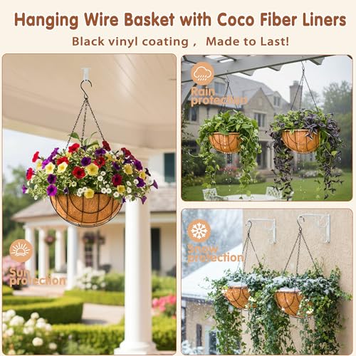 Metal Hanging Baskets for Plants Outdoor 4 Pack Round Metal Wire Hanging Basket Planter (Grid, 10 Inch) - size: 10 Inch, style: Grid