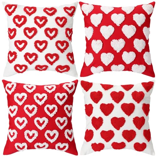Fourluoo 4 Pcs Valentine's Day Throw Pillow Covers 18x18 Inch Soft Heart Decorative Pillowcase Plush White Red Soft Plush Pillow Covers Cushion Case Decorations for Sofa Living Room Valentine Gift - style: Heart