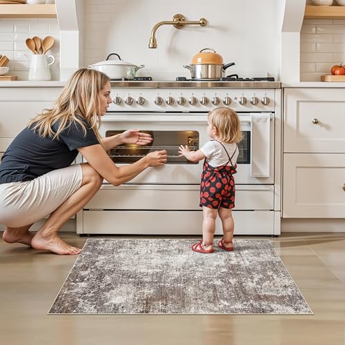 2x3 Washable Non-Slip Area Rug – Small Throw Rug for Kitchen, Entryway, Bedroom, Bathroom – Modern Abstract Neutral Soft Low Pile Thin Indoor Door Mat (Brown Beige,2x3) - color: Brown Beige, size: 2' x 3' (Rectangular)