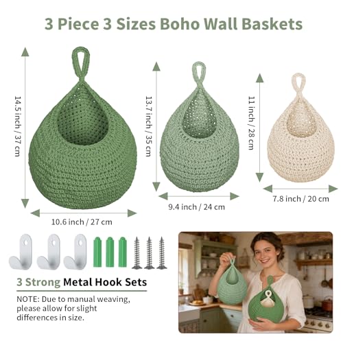 3 Pack Boho Decor Hanging Friut Baskets for Kitchen, Hand-woven Cotton Wall Baskets with Hooks 3 Sizes, Hanging Holder Teardrop Produce Basket for Fruit Vegetable Potato Onion Storage, Beige & Green - color: Beige+LightGreen+DarkGreen, size: 3 Pack