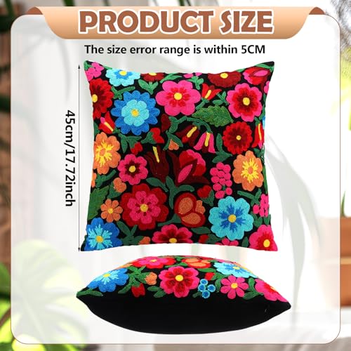 HunnmingRe Mexican Embroidered Throw Pillow with Insert 18 x 18 Inch Mexican Boho Embroidered Pillow Cover Decorative Fiesta Colorful Floral Cushion Decor for Sofa Living Room Couch Bedroom(Black) - color: Black