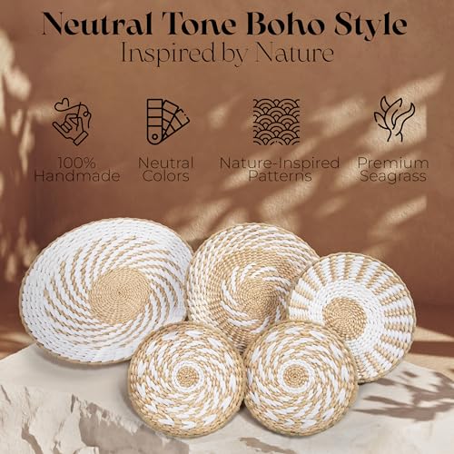 Crafts Central Boho Wall Basket Decor with Included Wall Hooks – Rattan Hand Crafted Wall Art - Bohemian Rustic Home Décor for Kitchen, Living Room, and Bedroom - Set of 5 Woven Baskets