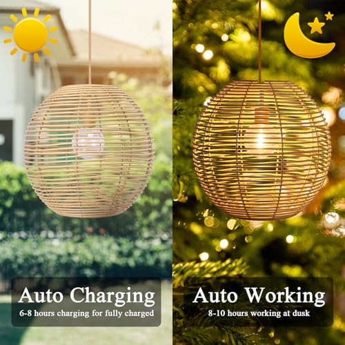 Solar Chandelier Ranttan Outdoor Lights, 12" Outdoor Pendant Hanging Lights Large Rattan Ceiling Light with Remote 4 Modes Lighting Waterproof Lighted for Garden Porch Patio Kitchen, Nature - color: Nature