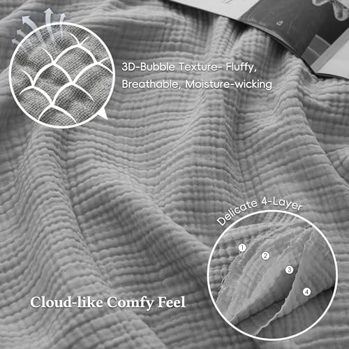 David's Home 100% Cotton Muslin Throw Blanket for College Dorm, 4-Layer Soft Breathable Lightweight Comfy Cozy Throw Guaze for Hot Sleepers, 3D Bubble Room Decor for Bed, Giftable, Dark Grey, 50"x70" - color: Dark Grey, size: Throw XL(50x70")