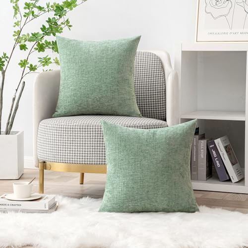 MIULEE Pack of 2 Couch Throw Pillow Covers 16x16 Inch Soft Greyish Green Chenille Pillow Covers for Sofa Living Room Solid Dyed Pillow Cases - color: Greyish Green, size: 16" x 16" (Pack of 2)