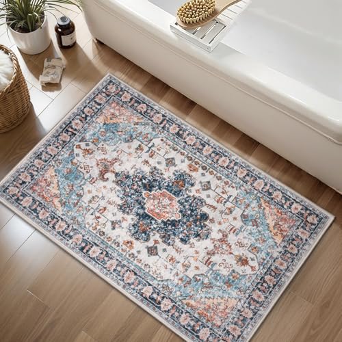 Tangsoo Vintage Rug 2x3 Washable Rug for Entryway, Non Slip Small, Indoor Front Door, Print Distressed Blue/Beige Door Mat Carpet, Soft Low Pile Rugs for Entrance Kitchen Bedroom Bathroom - color: Blue/Orange, size: 2' X 3' (Rectangular)