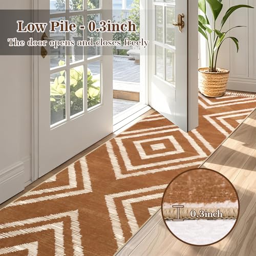 2x10Ft Boho Runner Rugs for Hallway Non Slip, Brown Washable Kitchen Rug Runners, Soft Moroccan Farmhouse Entryway Runner, Low Pile Geometric Floor Carpet for Bedroom Home Decor - color: Brown, size: 2' x 10' (Rectangular)