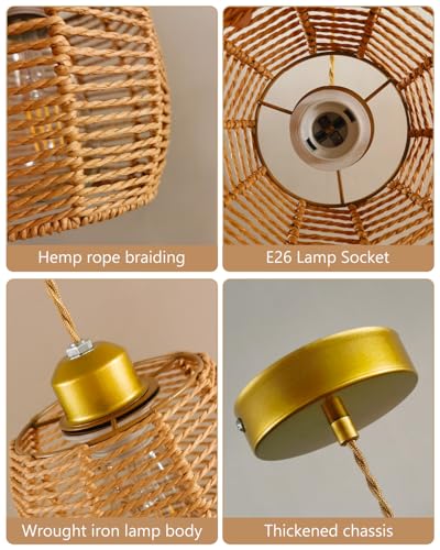 Boho Rattan Pendant Light, Hand-Woven Rattan Pendant Lighting, 4.7″ Small Wicker Chandelier, Woven Hanging Light Fixture for Kitchen Island Dining Room Bedroom Hallway - color: 4.72″-Drum-shape