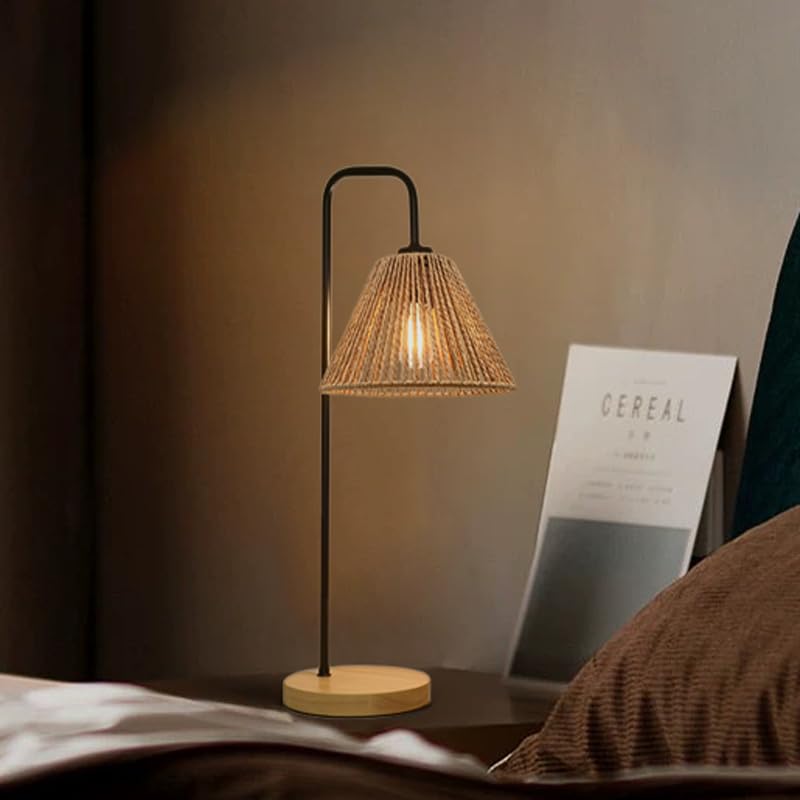Small Bedside Night Table Lamp for Bedroom, Minimalist Nightstand Lamp with Boho Paper Rattan Shade, Study Reading Desk Lamp for Kids Room, Living Room, College Dorm, Home, Office