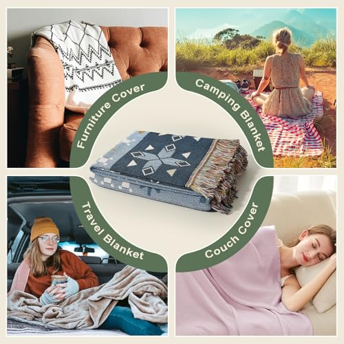 Snycler Boho Throw Blanket for Bed 50 * 60inch Woven Blanket Cotton Polyester Farmhouse Decor for Indoor Outdoor Sofa Bedroom Garden，All Season(Blue) - color: Blue