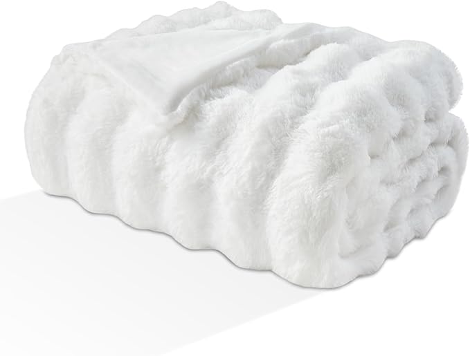 EMME Faux Fur Blanket Twin Size White - Big Bubble Rabbit Cozy Blanket for Couch, Thick Furry Plush Shaggy Blankets, 650GSM, 60x80 Inches