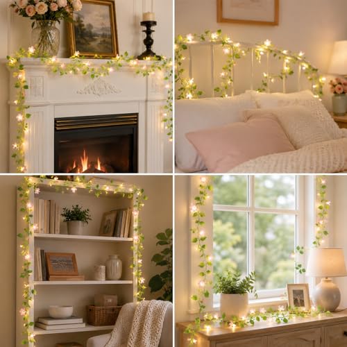 Vigdur 2 Packs Vine Lights - Tiny Leaf Ivy String Lights with 48 Cherry Blossom Lights Battery Powered Waterproof Fairy Light Indoor Outdoor for Bedroom Party Garden Wall Décor St. Patrick's Day - color: Cherry Blossom