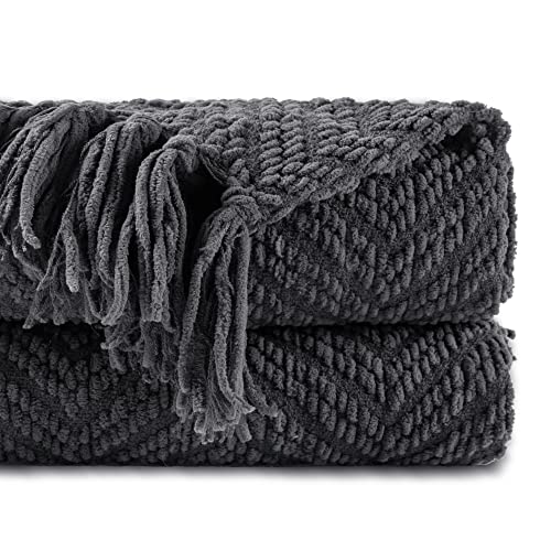 BATTILO HOME Dark Grey Throw Blanket for Couch, Knit Charcoal Throw Blanket Versatile for Chair, 60 x 80 Inch - Super Soft Warm Grey Blanket with Tassels for Bed, Sofa and Living Room - color: Grey, size: 60"x80"