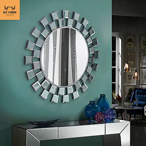 BST FURNH Sunburst Wall Mirror, 24 Inches Decorative Round Frameless Mirror for Living Room - color: Sunburst