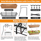 Riare 2 Pack 24 Inch Window Boxes Planters with Coco Liner, Metal Deck Railing Planter Boxes, Balcony Planters Railing Hanging, Horse Trough Window Flower Planter Boxes for Outdoor Porch Fence Patio - size: 24Inch